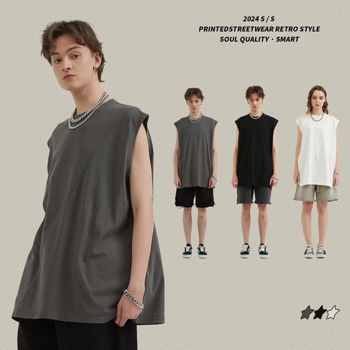 2025 Spring/Summer New Street Trendy Brand Loose Splicing Shoulder Oversized Unisex Men's and Women's Tank Top