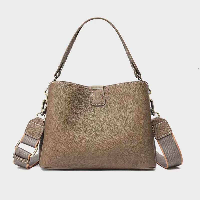 Hifashion Cowhide Genuine Leather Bucket Small Shoulder Crossbody For Women 2024 Designer Wide Strap Tote Ladies Handbags