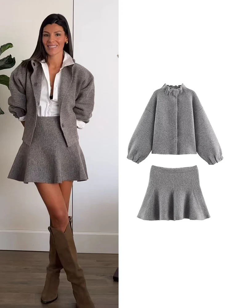 TFMLN Womens Knitted Mini Skirt Set Long Sleeve Loose Bomber Jacket Top A-Line Short Skirt Autumn Winter Elegant Suit 251107