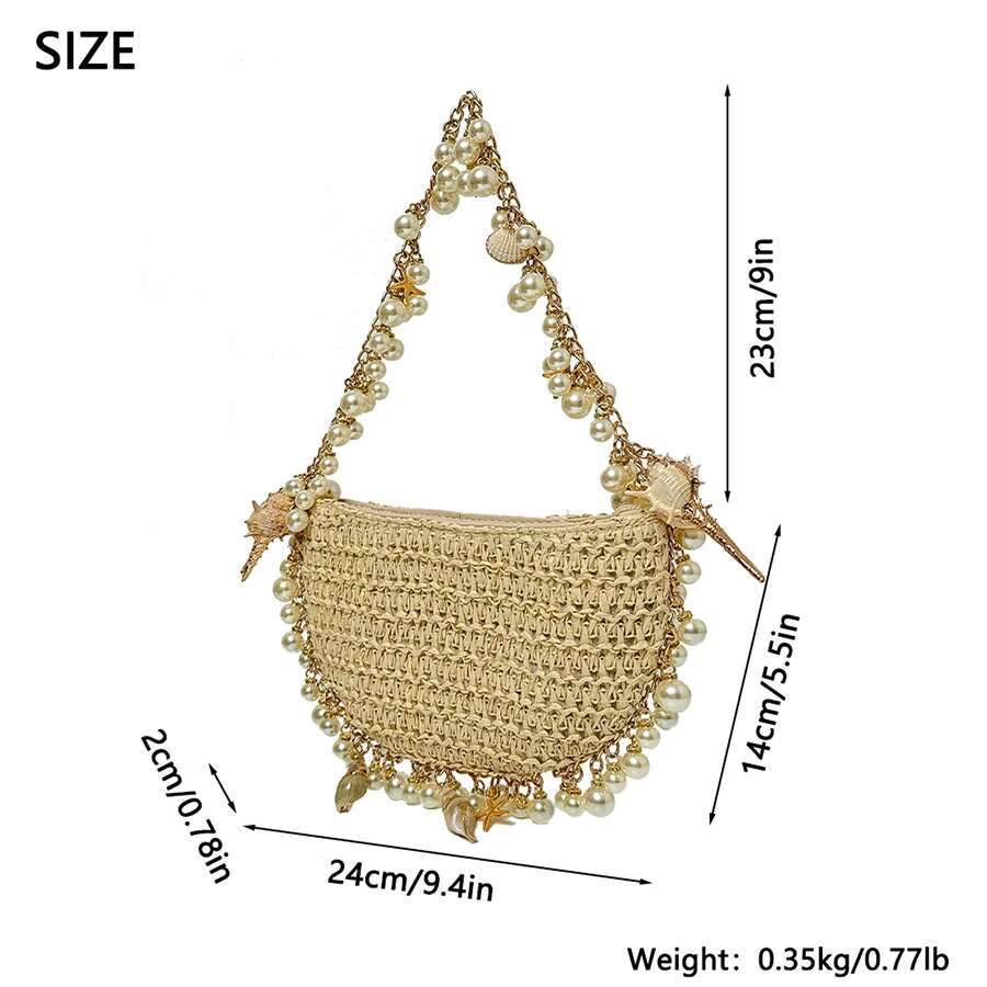 Bohemian Pearls Woven Straw Conch Starfish Women Handbags Half Moon Beach Shoulder Bag Design Rattan Crossbody Bags Totes