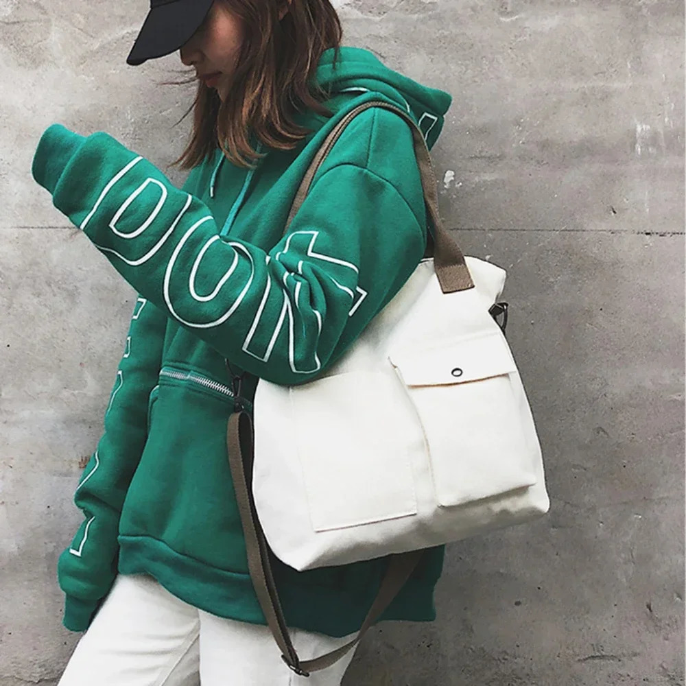 Fashion canvas bag student handbag shoulder large capacity solid color shopping casual womens cross shaped 250408
