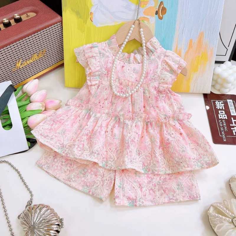 Summer Baby Girl 2PCS Clothing Set Sweet Lace Printed Sleeveless Shirt+Shorts Set Belle Girl Elastic Wiast Shorts Kid Girl Set S2548