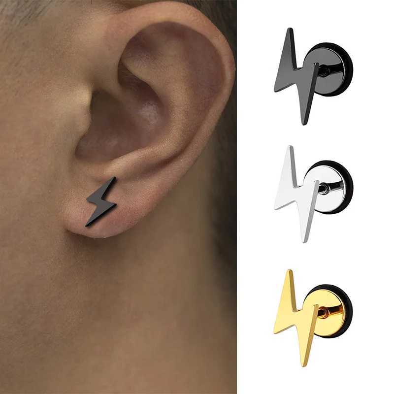 Punk Titanium Lightning Stud Earrings For Men Stainless Steel Round Cake Black Earrings Screw Piercing Jewelry Party Gift Z250408