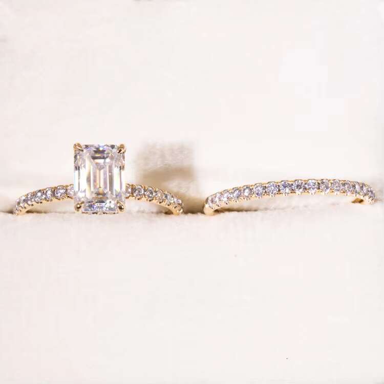 Fashion 2CT Emerald Cut Hidden halo 10K Gold Moissanite Diamond Ring with Eternity Wedding Band Jewelry Set