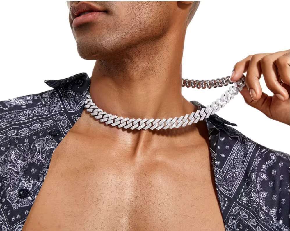 Popular 10mm Moissanite Diamond Prong Cuban Link Chain VVS Pass Diamond Tester 925 Sterling Silver Gold Cuban Link Chain