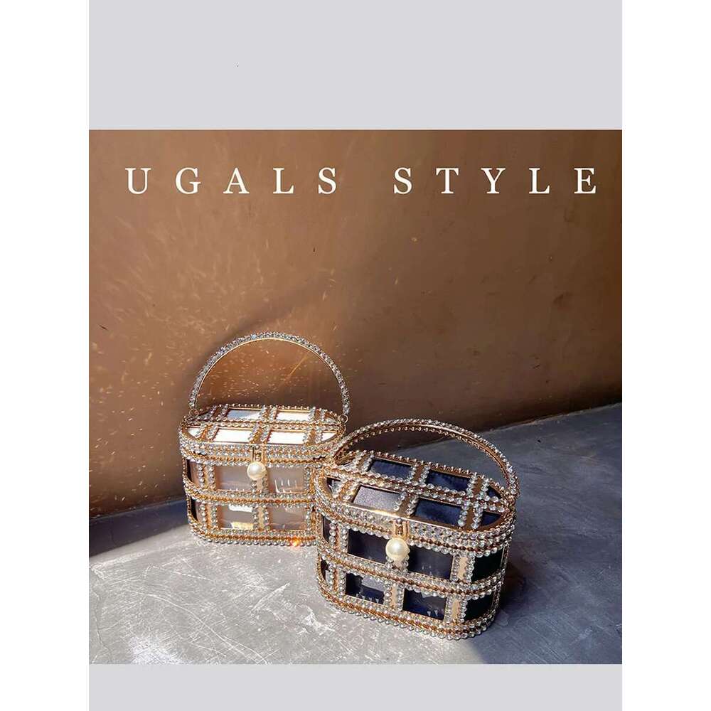 Hollow Out Evening Bucket Metal Cage Crystal Shiny Rhie Dia Wedding Party Clutch Purse Messenger Bag