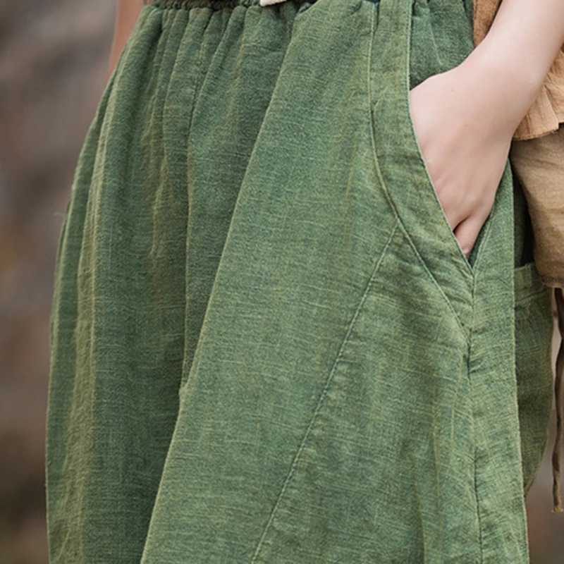 Ele womens cotton linen bag cargo pants retro elastic waist yoga leggings loose casual long legs oversized dressXJ250403
