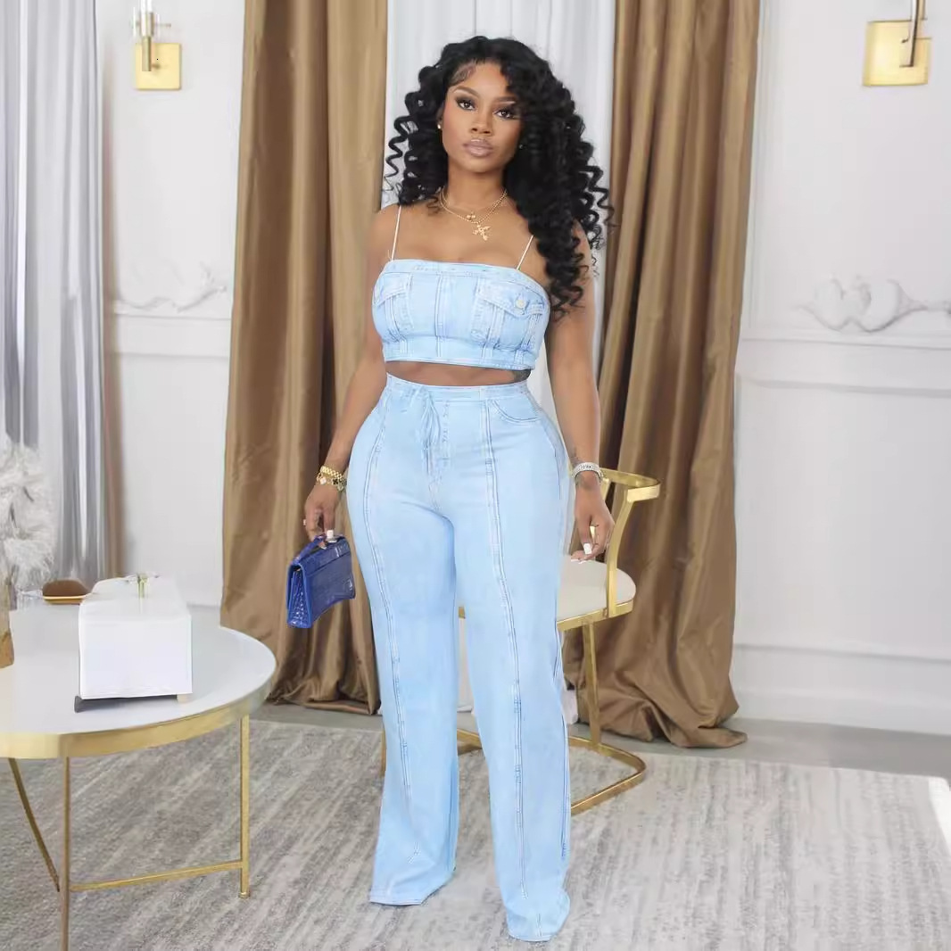 2025S Designer Women S Set Summer New INS Sexy And Versatile Tight Solid Color Cowboy Open Umbilical Back Tank Top Pants Set