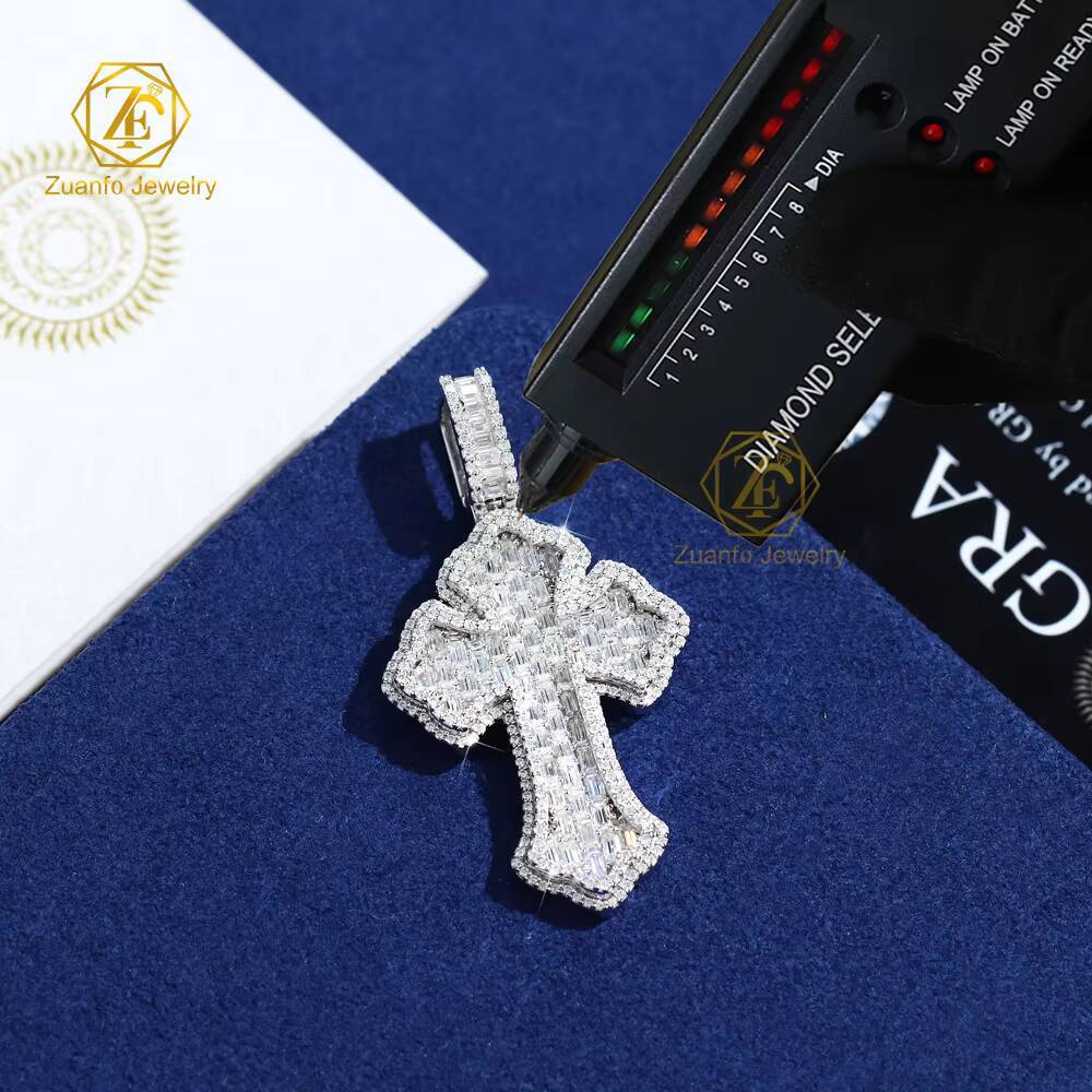Custom Moissanite Cross Pendant White Gold Plated 925 Sterling Silver Baguette Diamonds Ice Out Hiphop Men Pendant