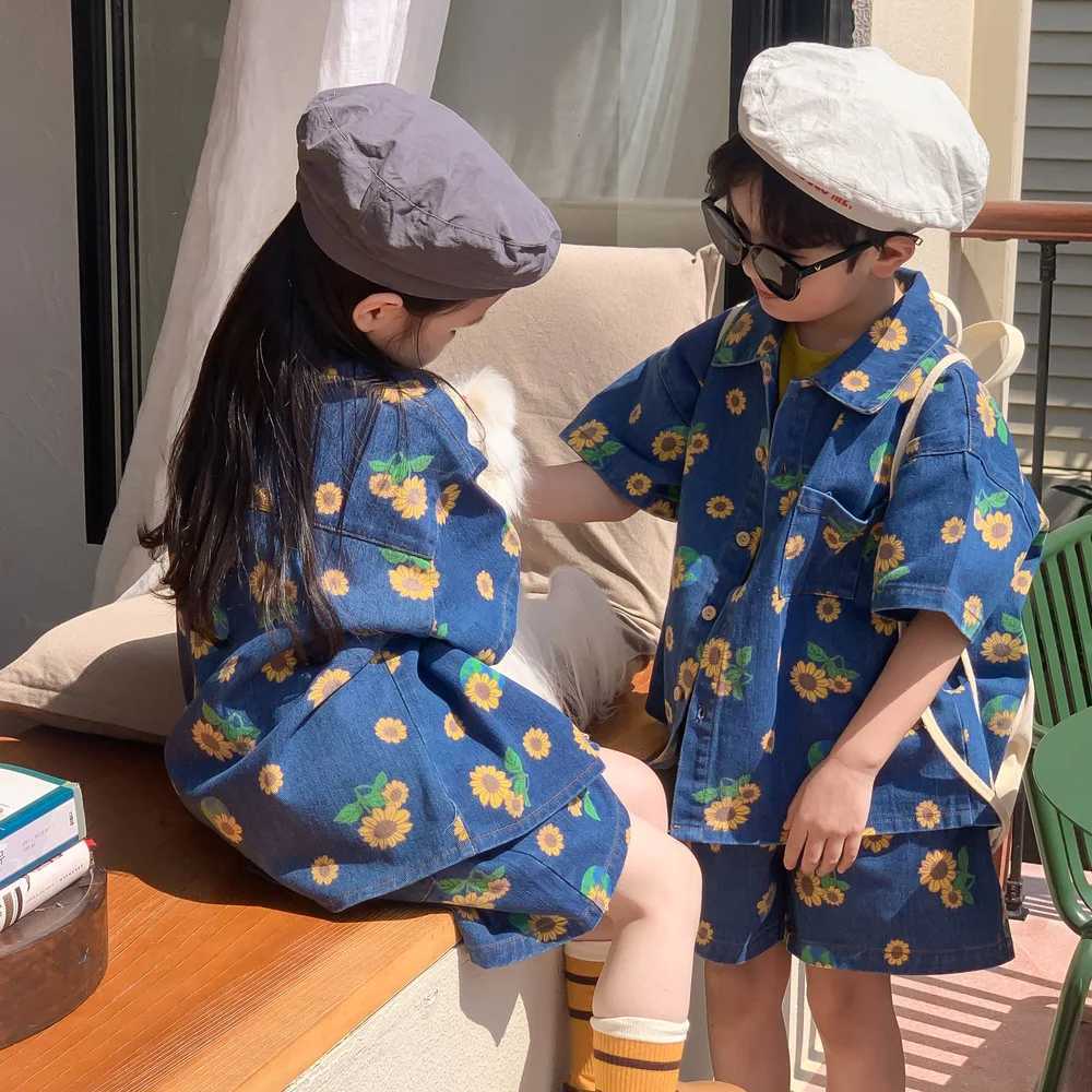 1-7 year girl and boy casual summer printed denim suit baby and children soft denim suit shirt+shorts 2 pieces S2548