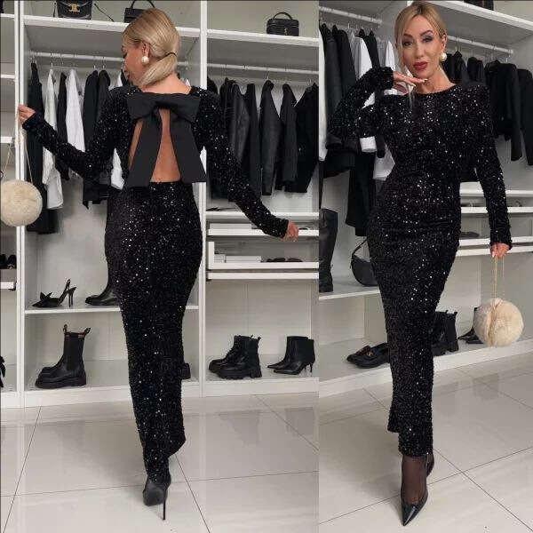 New Women's Clothing Round Neck Sleeve Solid Color Sequin Mid-Waist Elegant Long European and American Style Dress