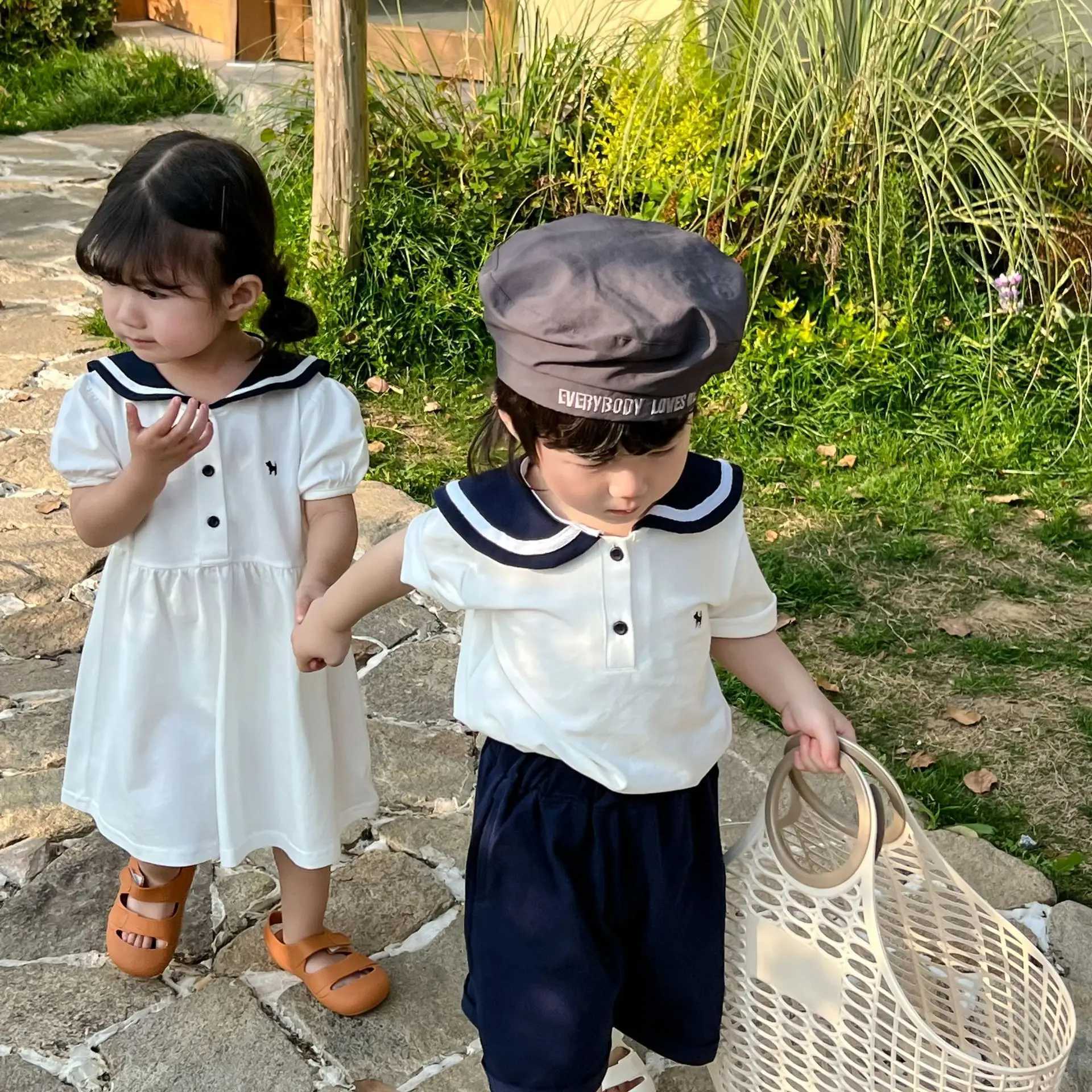 5683C Brothers and sisters Clothing 2023 Summer New Navy Style Boys Set Short Sleeve T-shirt+Short Sleeve Girls Casual Dress S2548