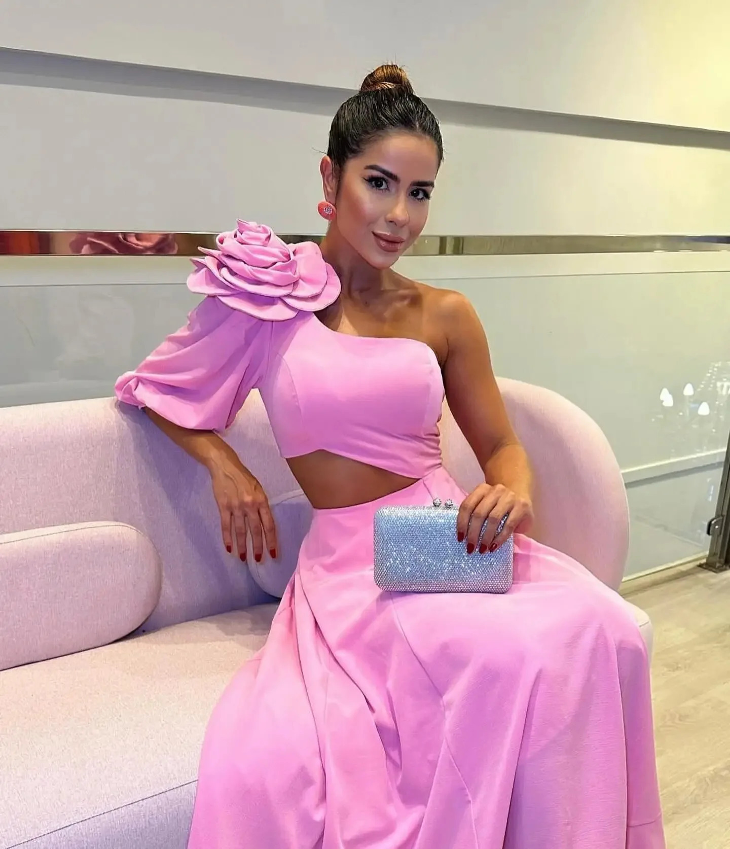 Womens long dress with floral pattern open collar shoulder single sleeve waist Dalian style womens evening wedding midi 250409