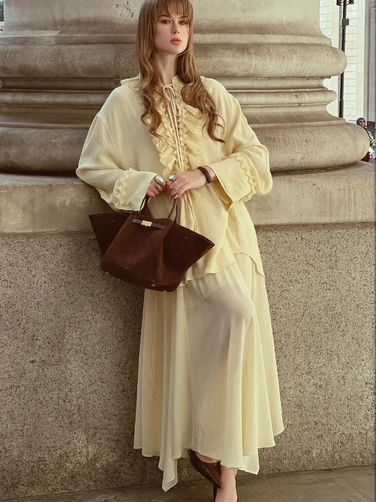 Summer Yellow Tight Clothing Set Fashionable Womens Vneck Lace Top Ruffle Maxi Dress Loose Long Sleeve 2piece 250409