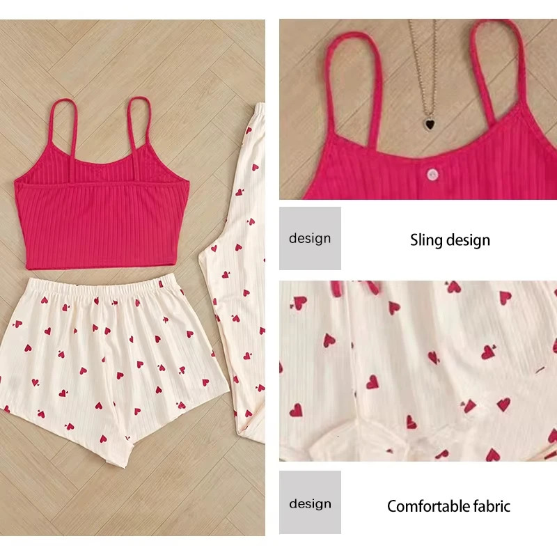 Three piece heartshaped printed vest shorts and pants with ribbed fabric suitable for family casual womens clothing set 250409