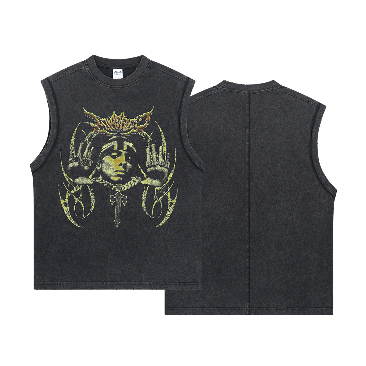 2025 New Product Wax Grinding Edge Shoulder Digital Printing Men's Tank Top Splicing Water Washed Sleeveless T-shirt Men