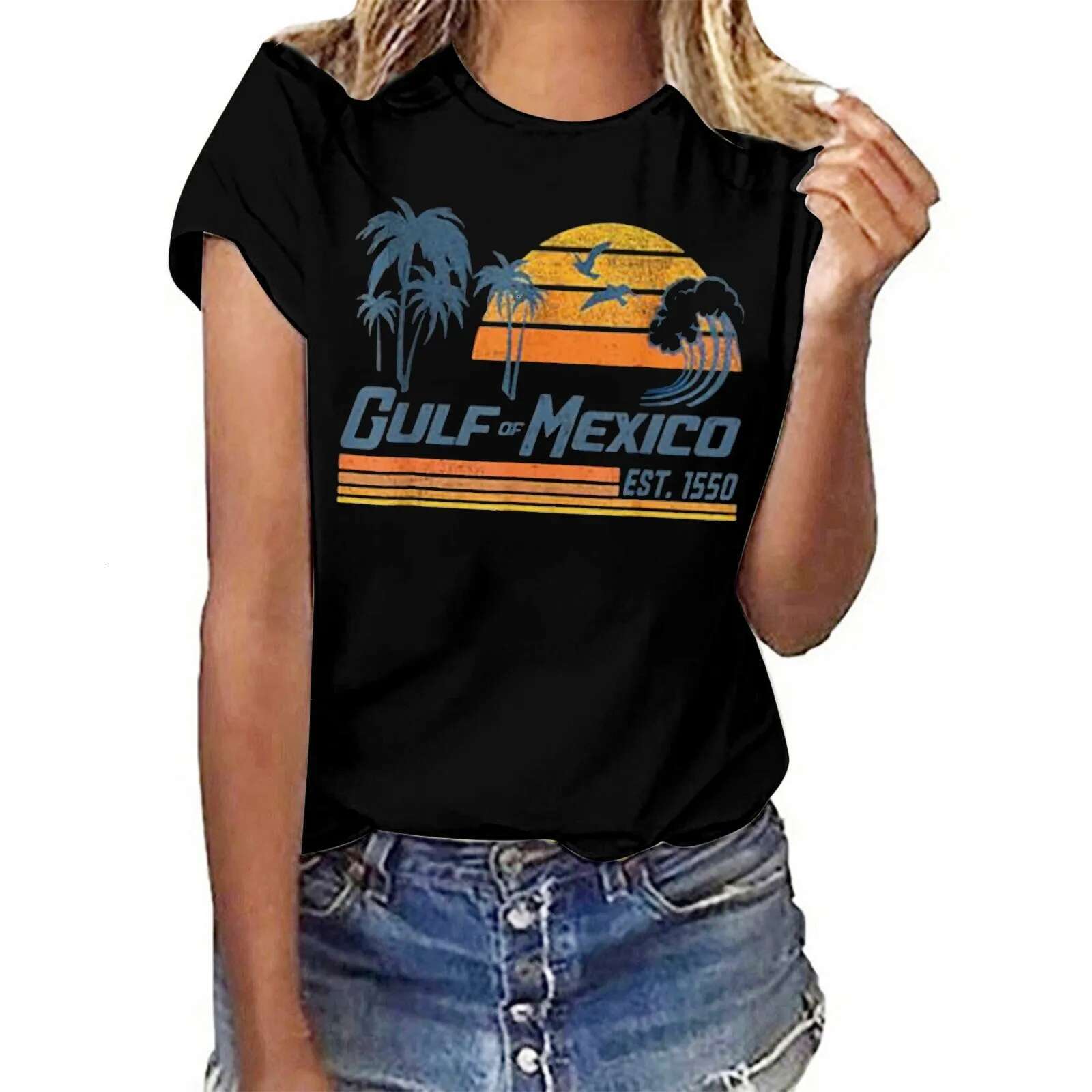 Dongdumaoyi Gulf Of Mexico Est T Shirt For Women Printed Shirts S Letter Print Round Neck Short Sleeve Top Summer Shirt
