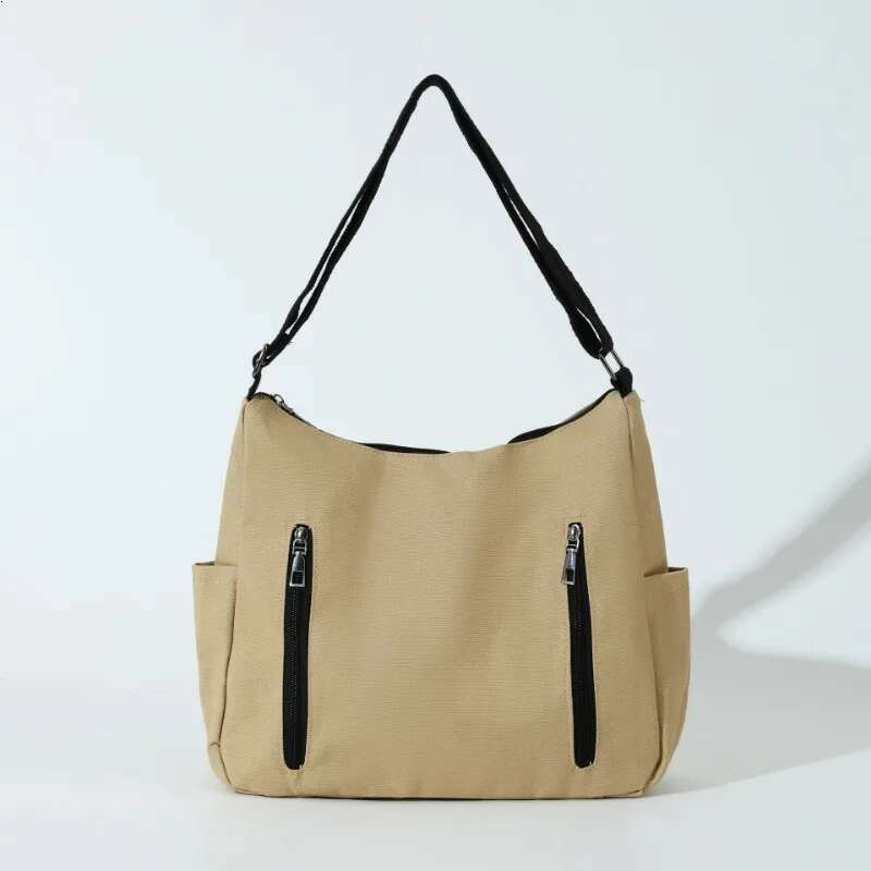 Large Capacity Canvas Shoulder Simple Multi-Zipper College Student School Book Laptop Work Commuting Crossbody Bag