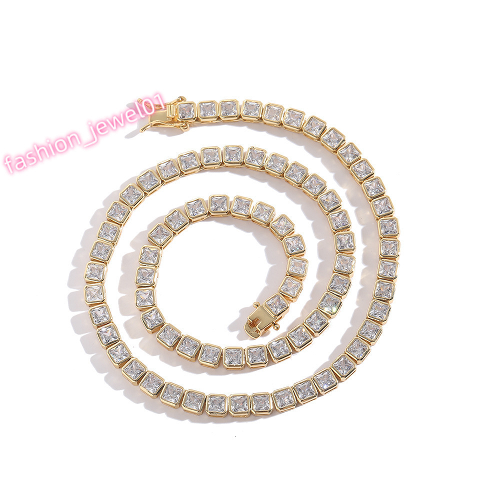 Gold Plated Asscher Cut Zirconia Tennis Chain Men 4x4mm Single Row Micro Inlaid Copper Zircon Hip Hop Style Brass Necklace