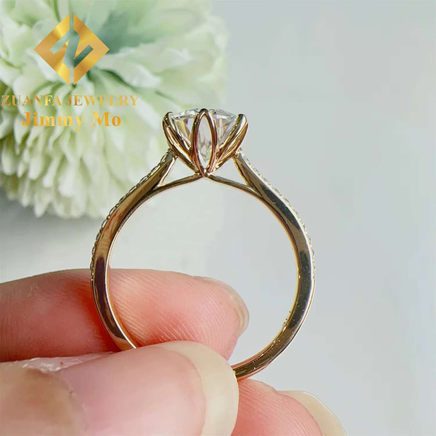 Luxury Bridal Jewelry Elegant 14k Solid Yellow Gold 2Ct Round Brilliant Moissanite Diamond Flower Engagement Ring