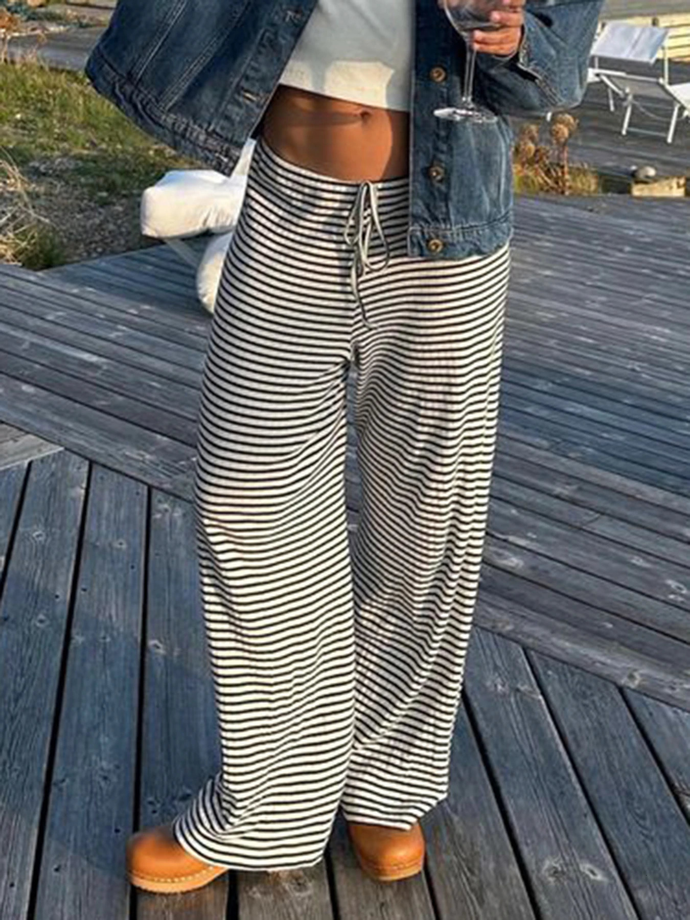 Rockmore Fashion Low Waist Pants Women Fall Casual Streetwear Y2K Striped Print Wide Leg Trouser Baggy Female Straight Pant 250409