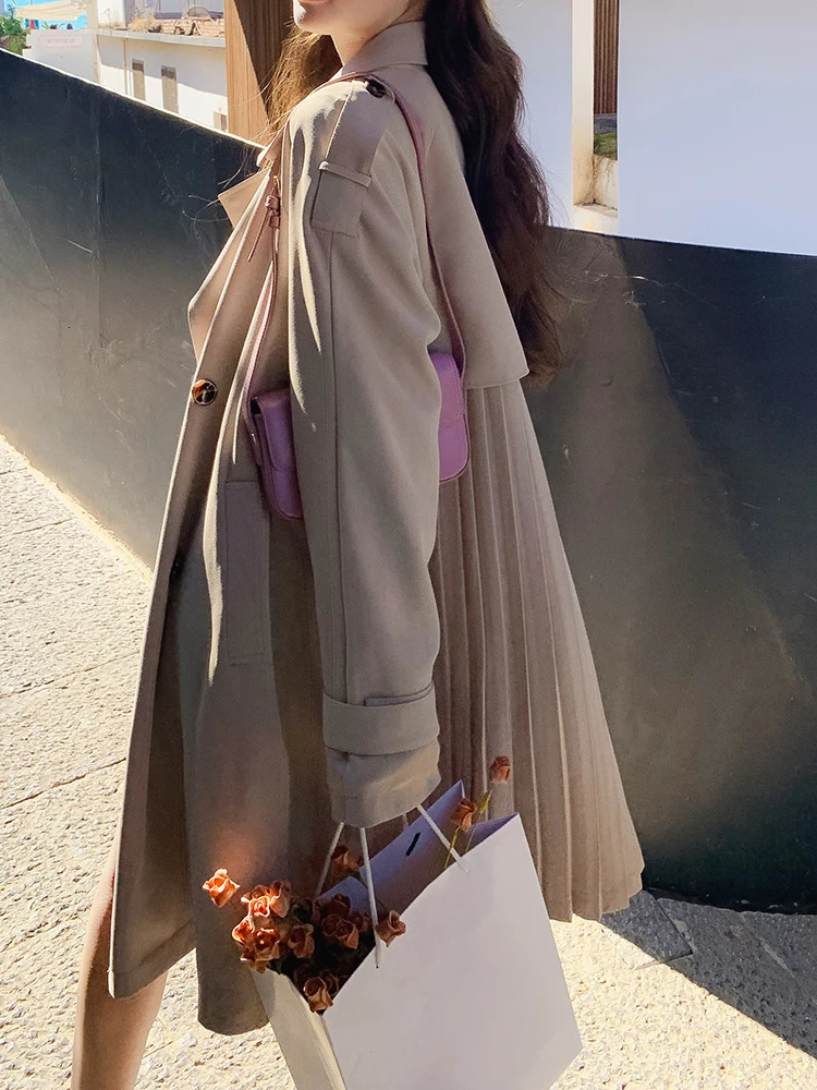 Womens khaki back pleated plus size elegant trench lapel long sleeved windproof fashion trend spring and autumn 1DH9716 250409