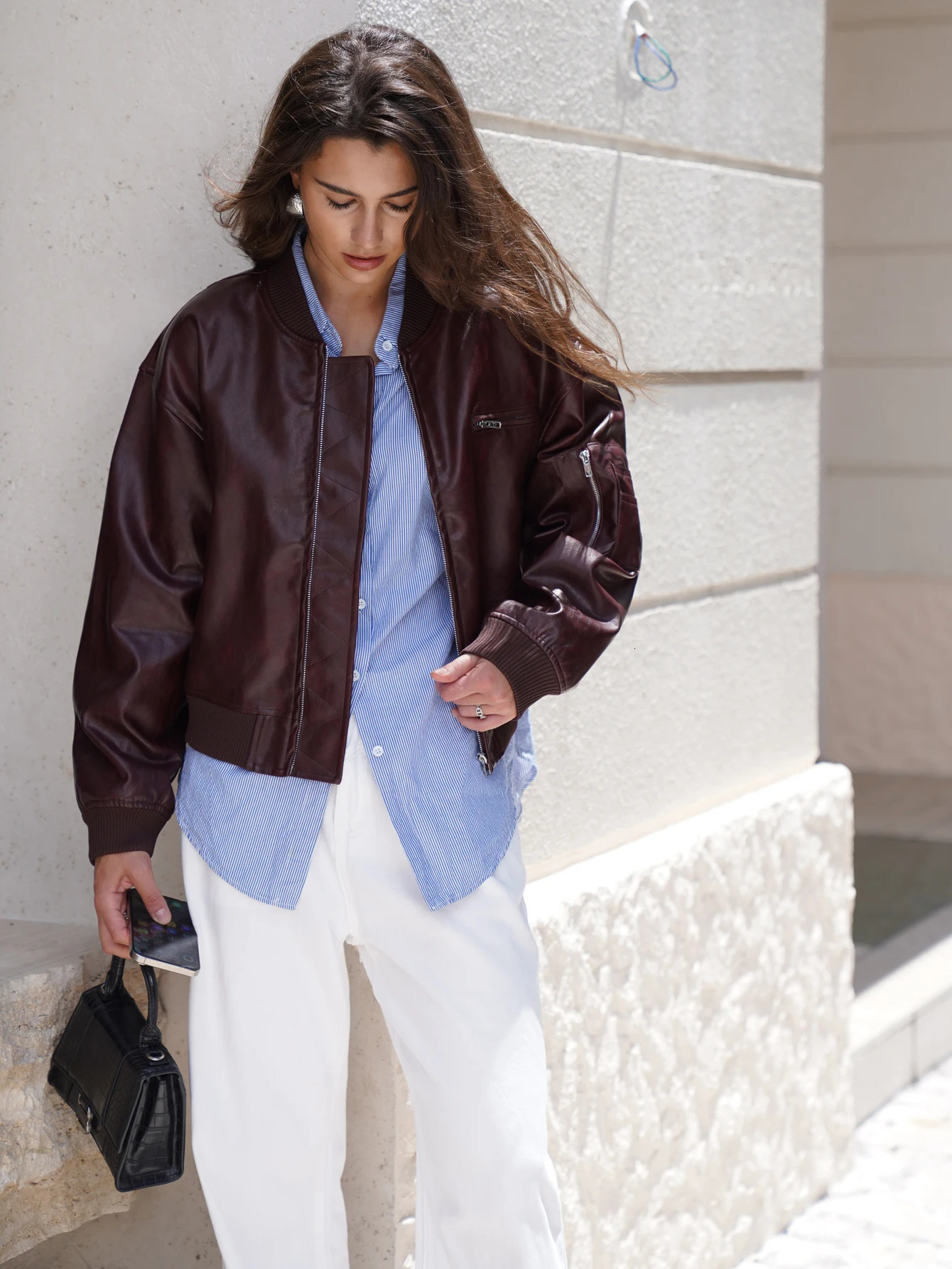Womens Autumn Pu Leather Bomber Jacket Wine Red Brown 250409