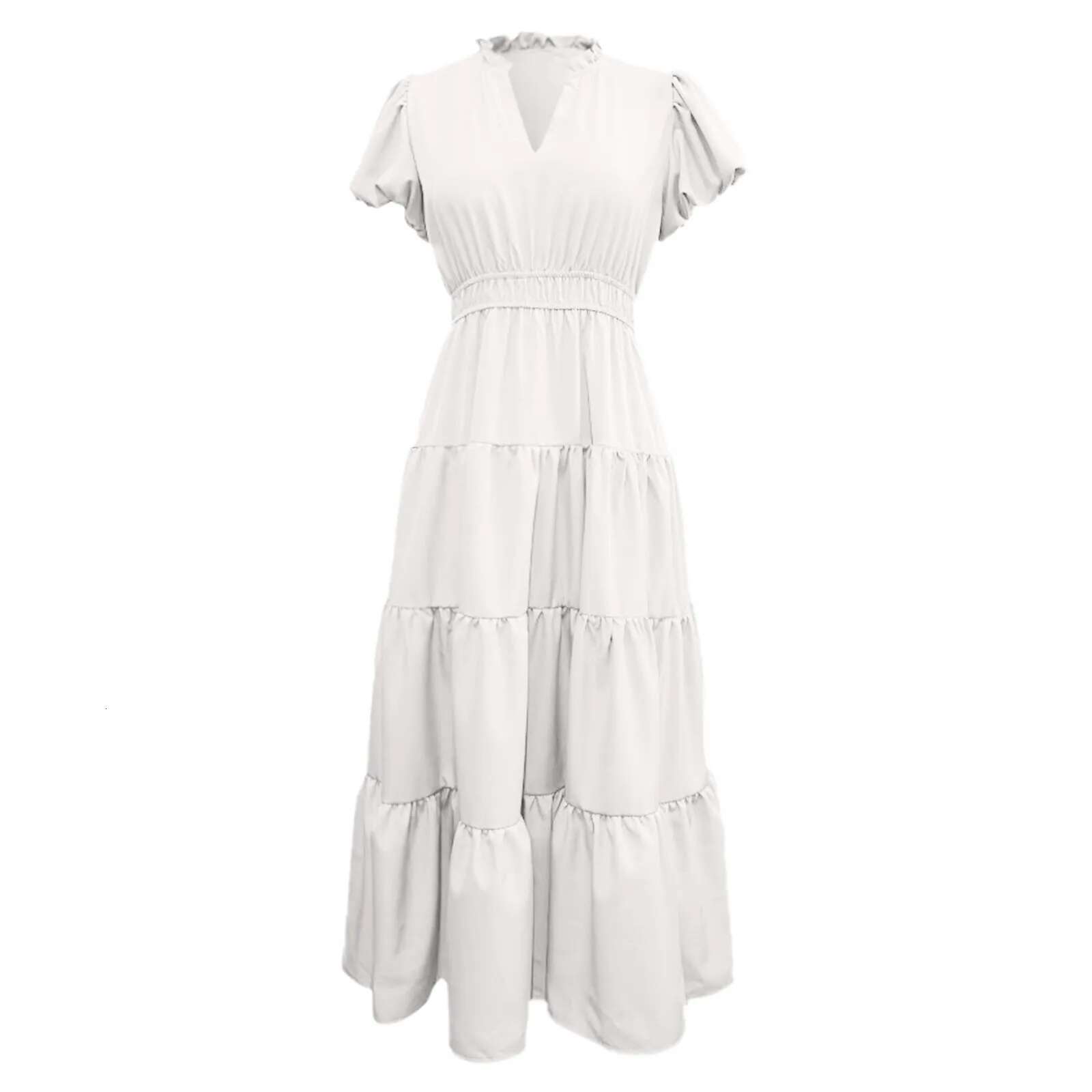 Dongdumaoyi Womens Summer Ruffle Sleeve Maxi Dress Bohemian Casual Flowy Layered Beach Solid Color V Neck Dresses Vestidos