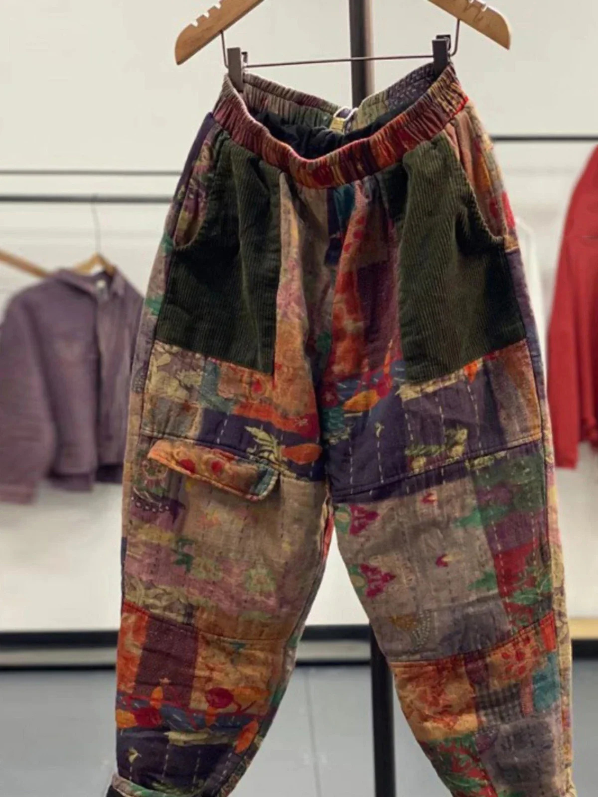 Ethnic Style Fashion Patchwork Print Cotton Padded Warm Women Harem Pants Vintage Elastic Waist Multi Pockets All-Match Trousers 250408