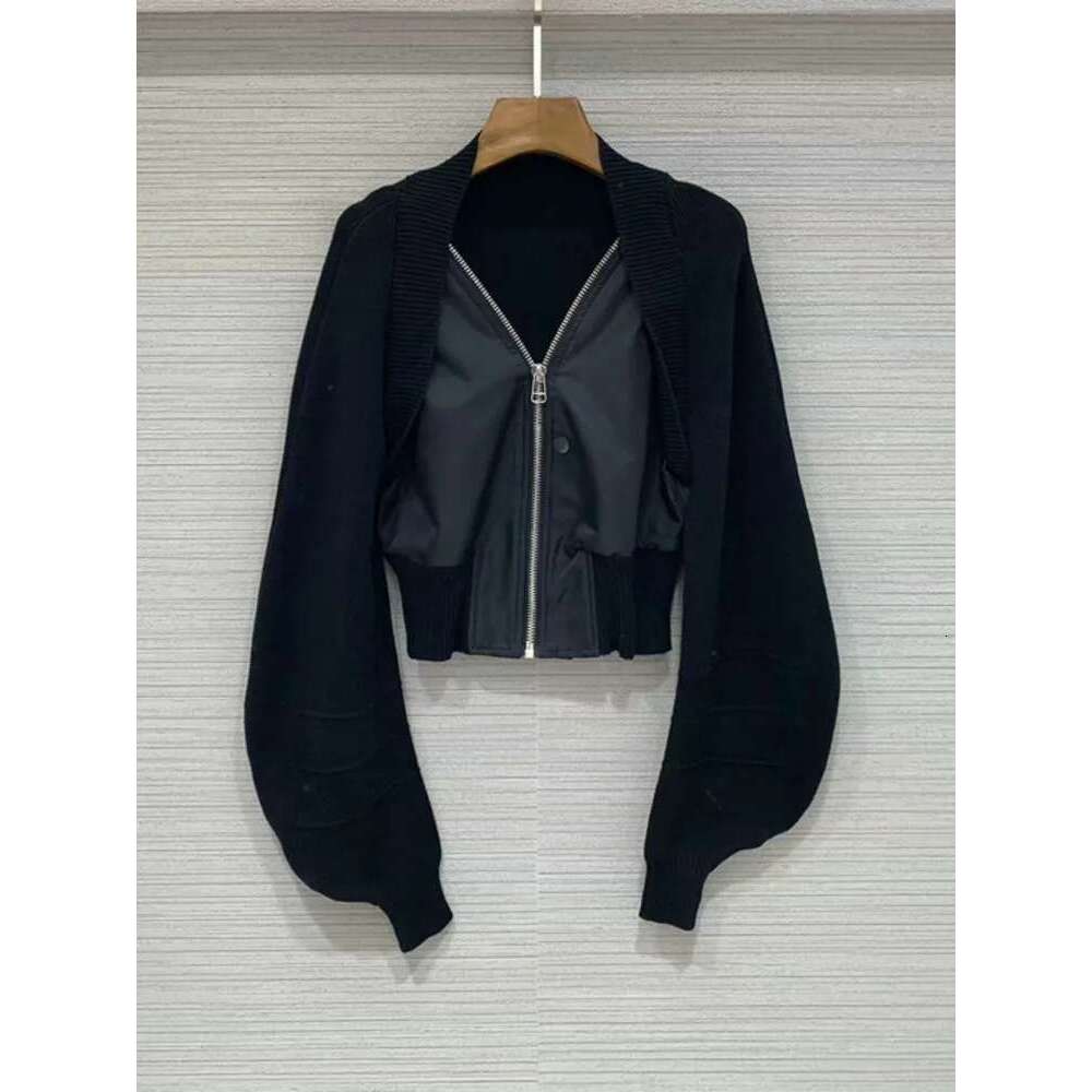 DEAT Knitted Spliced Stretch Short Jacket Women's 2024 Autumn New Fashion Loose Leisure Zipper Design Coat Female Tide Cp1746