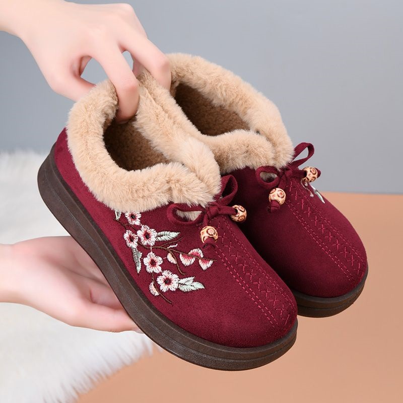Winter Fleece-Lined Thickened Warm Mid-Senior Mother Shoes Old-Style Cloth Shoes for Women Cotton Boots Flat-Soled Non-Slip Grandma Cotton B