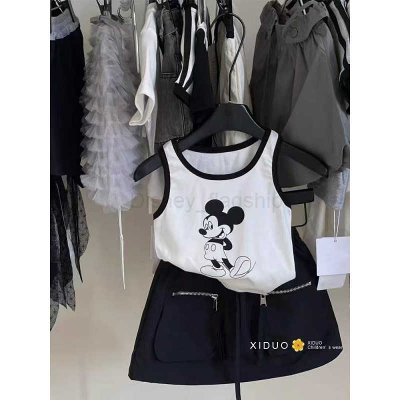 Disney Childrens clothing girls summer set new childrens stylish cartoon Mickey color blocked vest zipper pocket workwear half skirtXJ250409