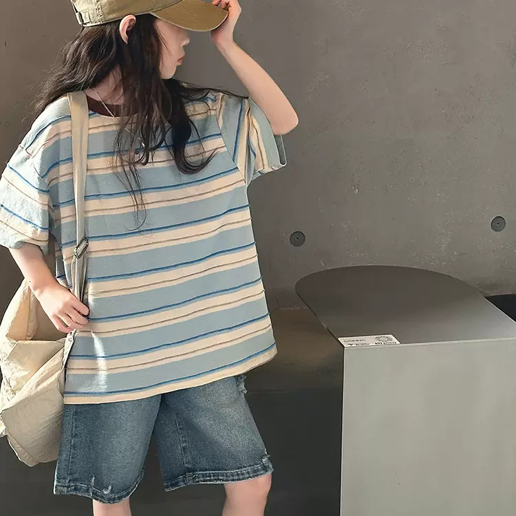 Ddmyshoesvip Fashionable Girls Striped Short Summer New Item Loose Half Sleeved Casual T Shirt For Children Trendy