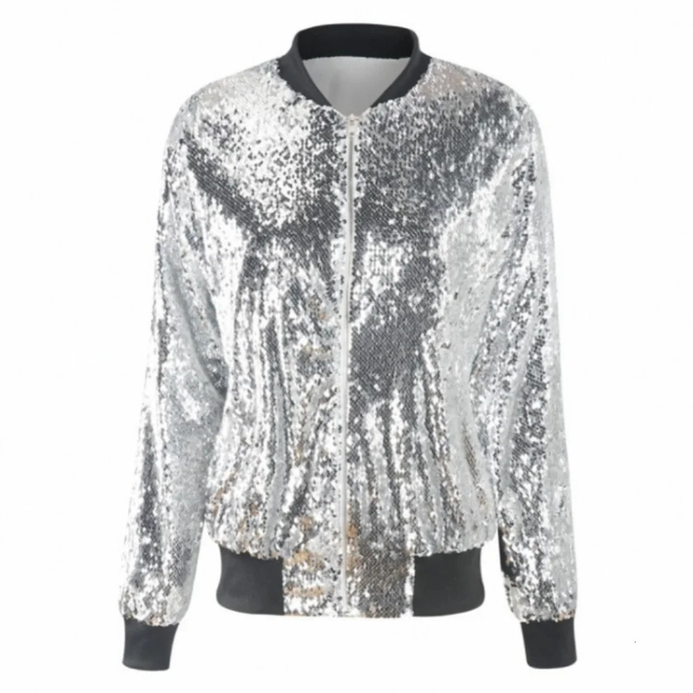 Womens autumn sequin jacket loose baseball stage performance shiny top Casacos Feminino y womens 250409