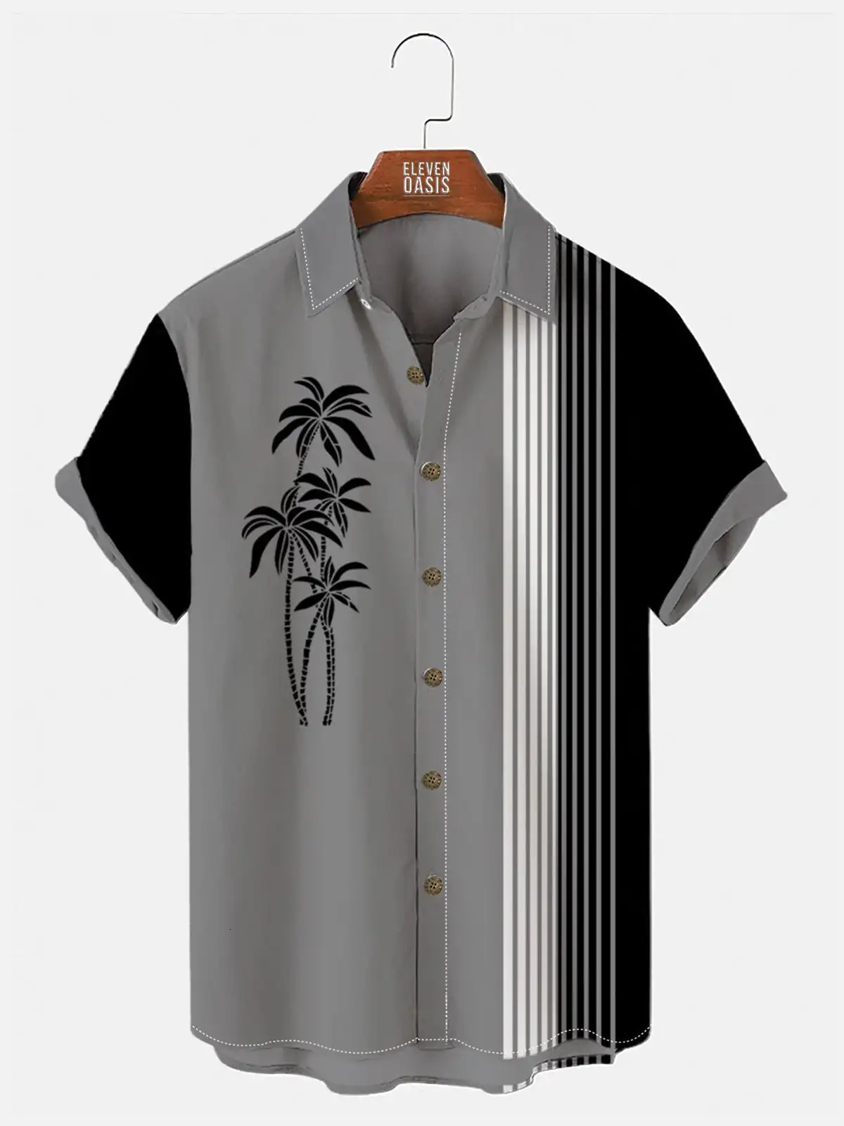 Mens striped pattern coconut tree Hawaiian summer shirt Hawaiian collar short sleeved shirt fashionable casual outdoor street 250408