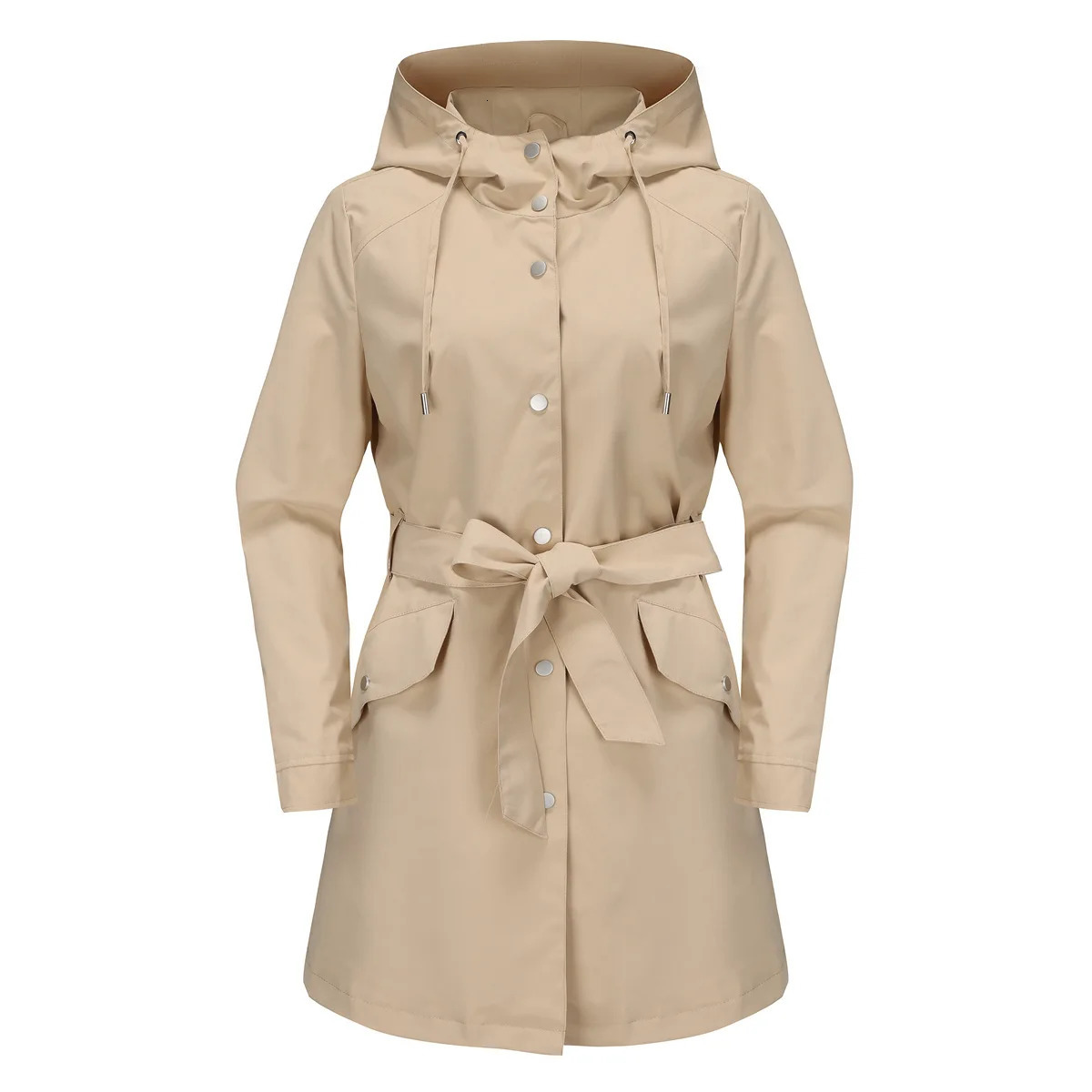 Spring and autumn hooded waterproof jacket with thin waistband casual loose trench coat womens windproof 250409