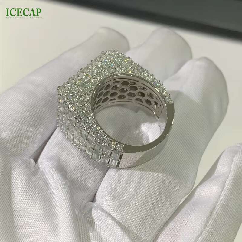 Rapper Custom Luxury Jewelry 925 Silver Rings Rectangular Hip Hop Diamond Ring Boxes Jewellery Packaging Moissanite Ring Men