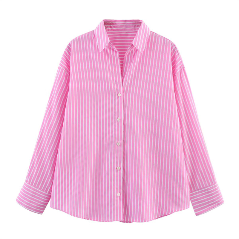 2025 Spring/Summer New Product Women's Fashion Stripe Versatile Collar Long Sleeve Shirt Collar Buckle Decoration