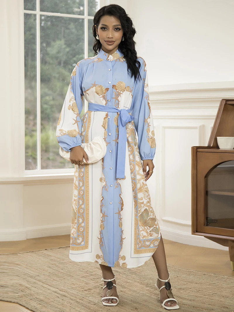 Elegant womens long sleeved belt dress stylish geometric print highquality polyester suitable for all seasons 250409