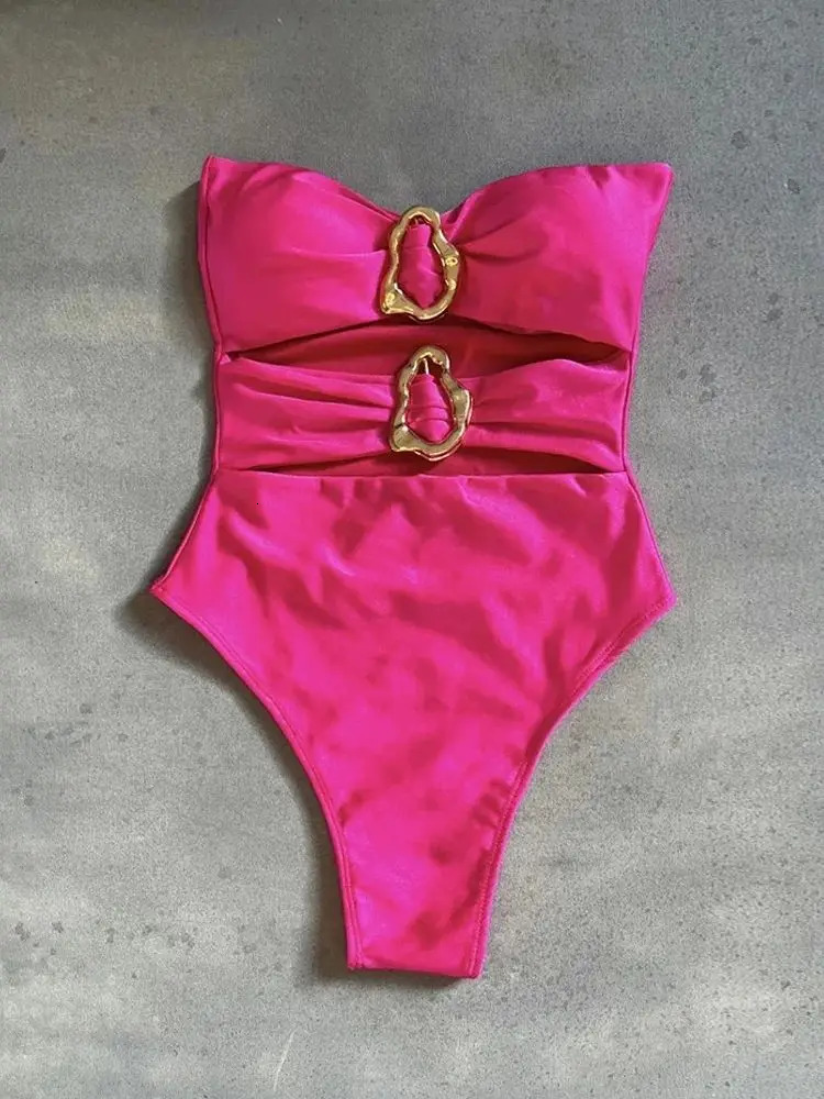 3color sexy metal ring cut womens onepiece swimsuit Bandeau long leg bathtub B026D 250409