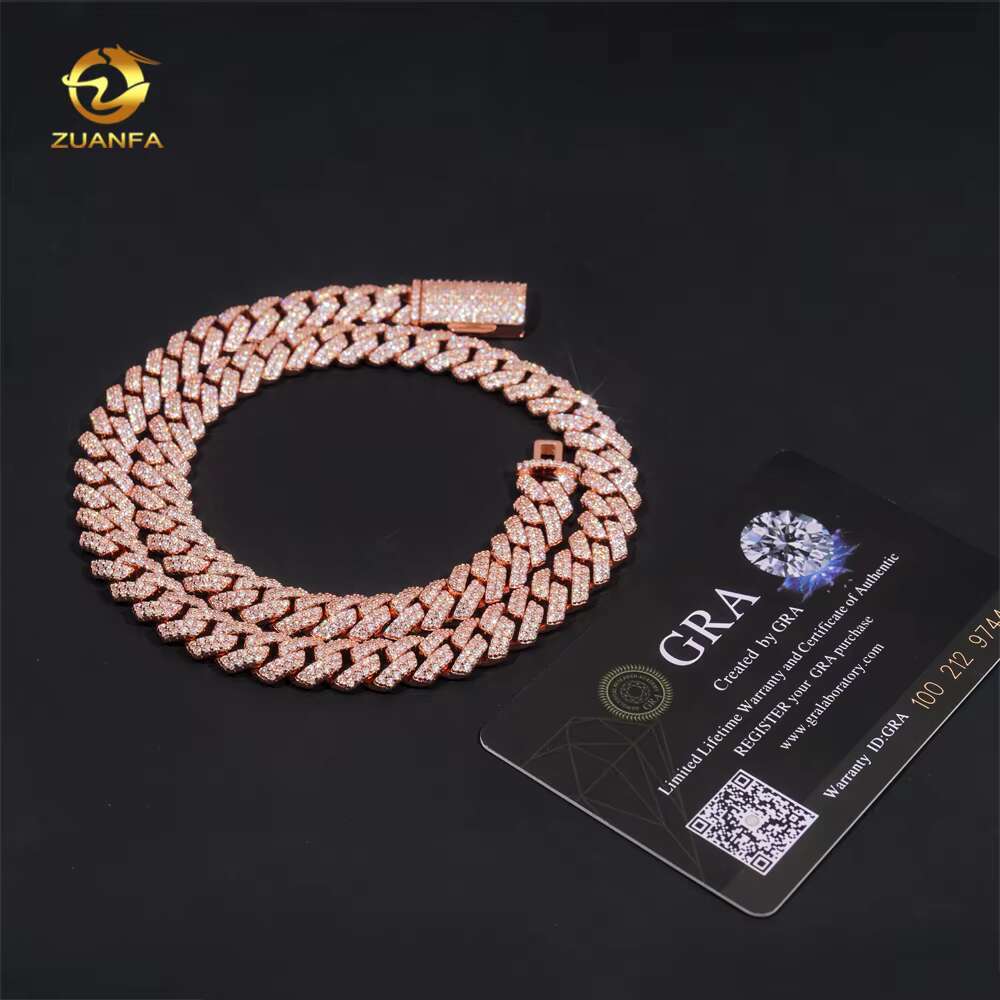 Cheap Price 2rows 10mm Cuban Chain Rose Gold Plated GRA Moissanite 925 Sterling Silver Necklace Cuban Link Chain Fine Jewelry
