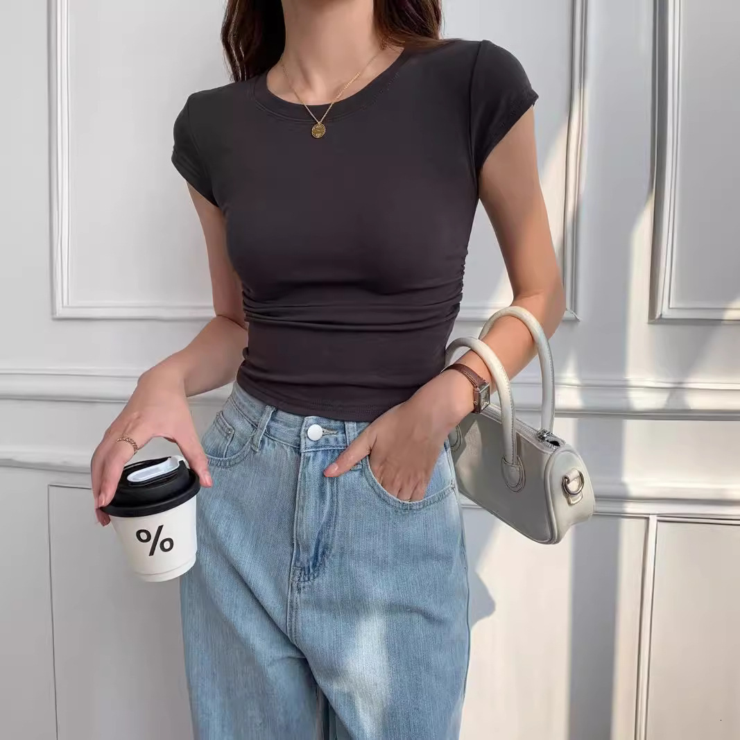 2025S Designer Women S T Shirt Solid Color T Shirt Women S Sleeved Summer New Design Feeling Waist Tightening Slimming Short Shoulder Top