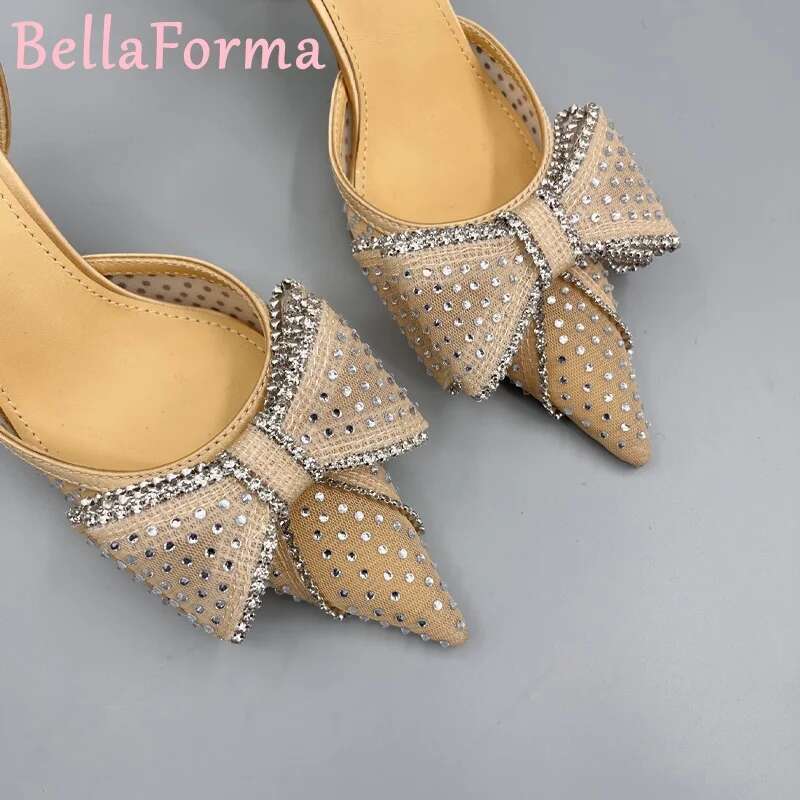 Double-Layer Three-Dimensional Bow Women's Sandals Banquet Wedding Elegant Sweet Sexy Veet Mesh Rhie Pointed High Heels