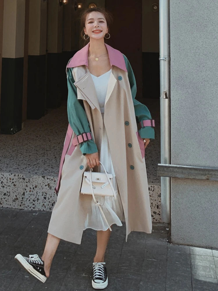 Medium length windproof jacket womens revolving door collar autumn loose and fashionable color comparison top simple 250409