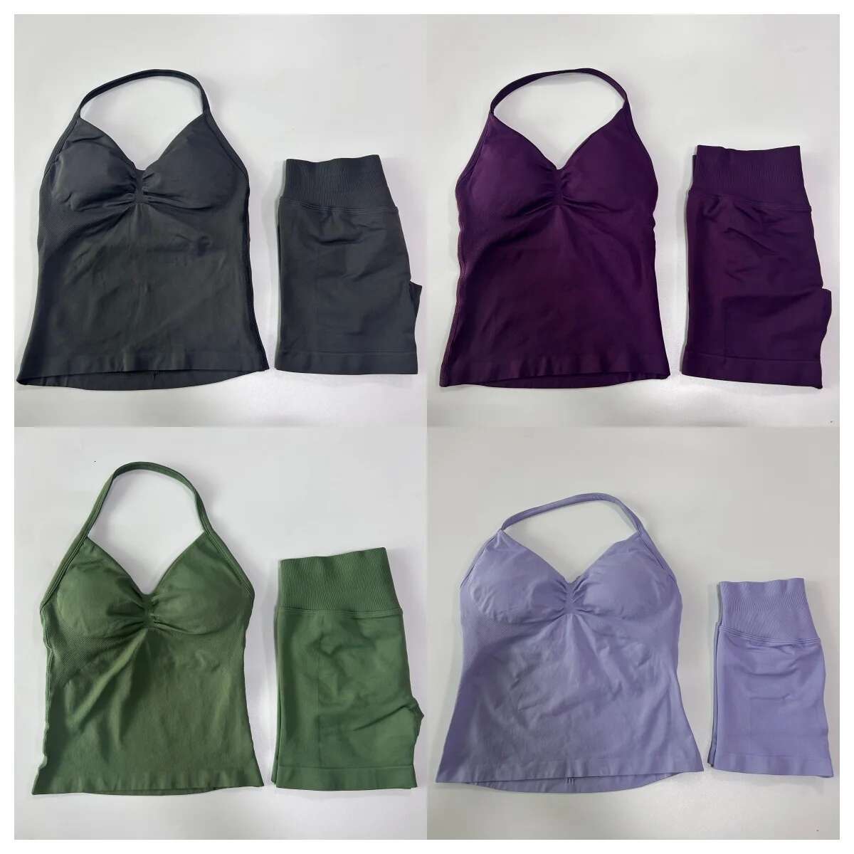 Impact Solid Color Yoga Set 2 with Cami Top and Ribbed Seamless Shorts 4-Way Stretch for Summer Fiess Pilates Gym