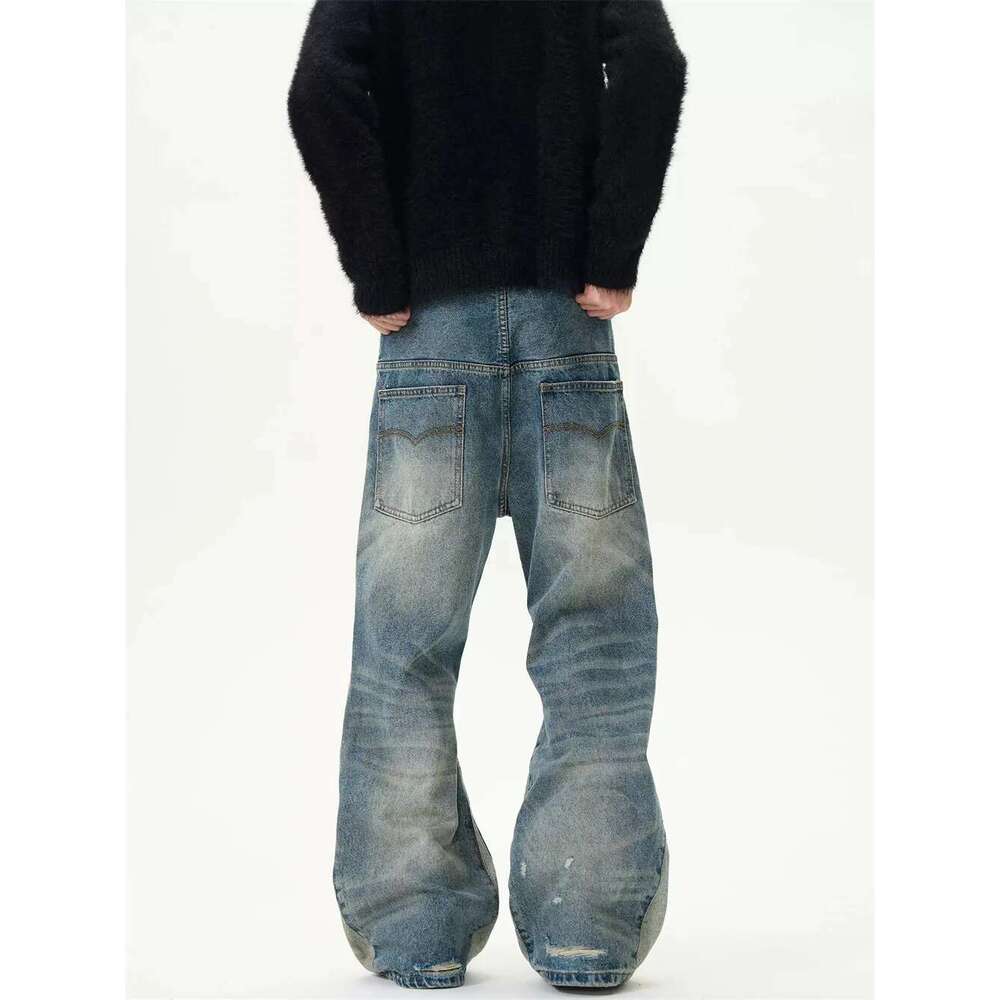 Ripped Spliced Jeans Mens Washed Distressed High Street Retro Loose Straight Flare Denim Pants Men