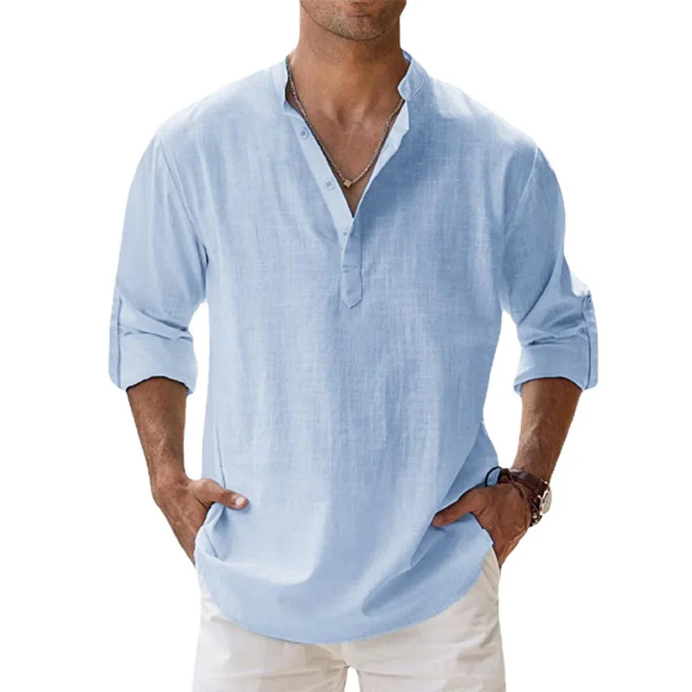 Cotton Linen Mens Short-Sleeved Shirts Summer Solid Color Henley Collar Casual Beach Style Hawaiian Vacation 250409