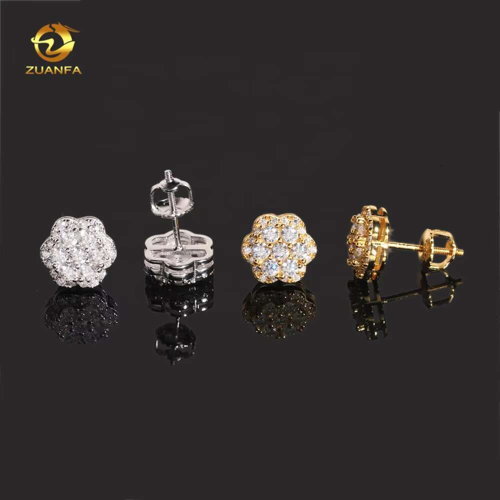 New Fashion Flower Shape Iced Out Hip Hop Moissanite Diamond Men 925 Silver Earrings