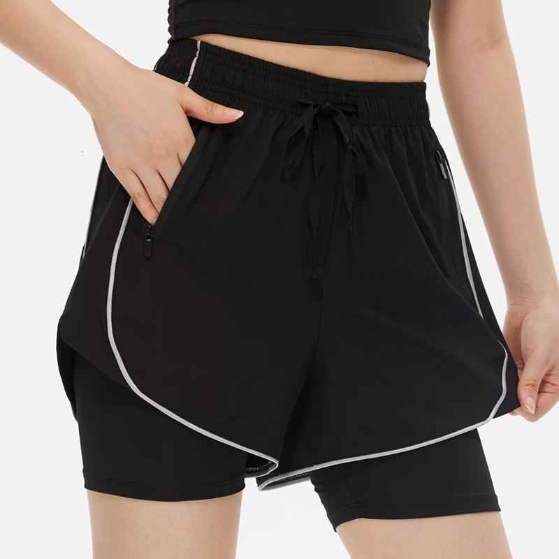 2025S Women s Designer Shorts High Waist Double Layer Sports Quick Drying Running Hot Pants Imitation Two Piece Fitness Pants Bicycle Long Lined Beach