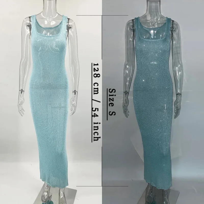 Talenza sequined shoulder ultrathin Maxi dress womens sexy sleeveless sparkling summer see through party backless 250409
